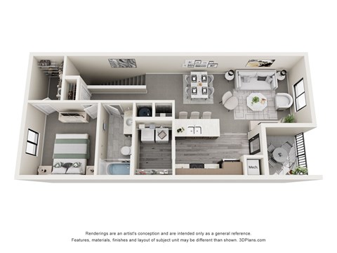 A 3D floor plan of a house with a kitchen, living room, and bathroom.